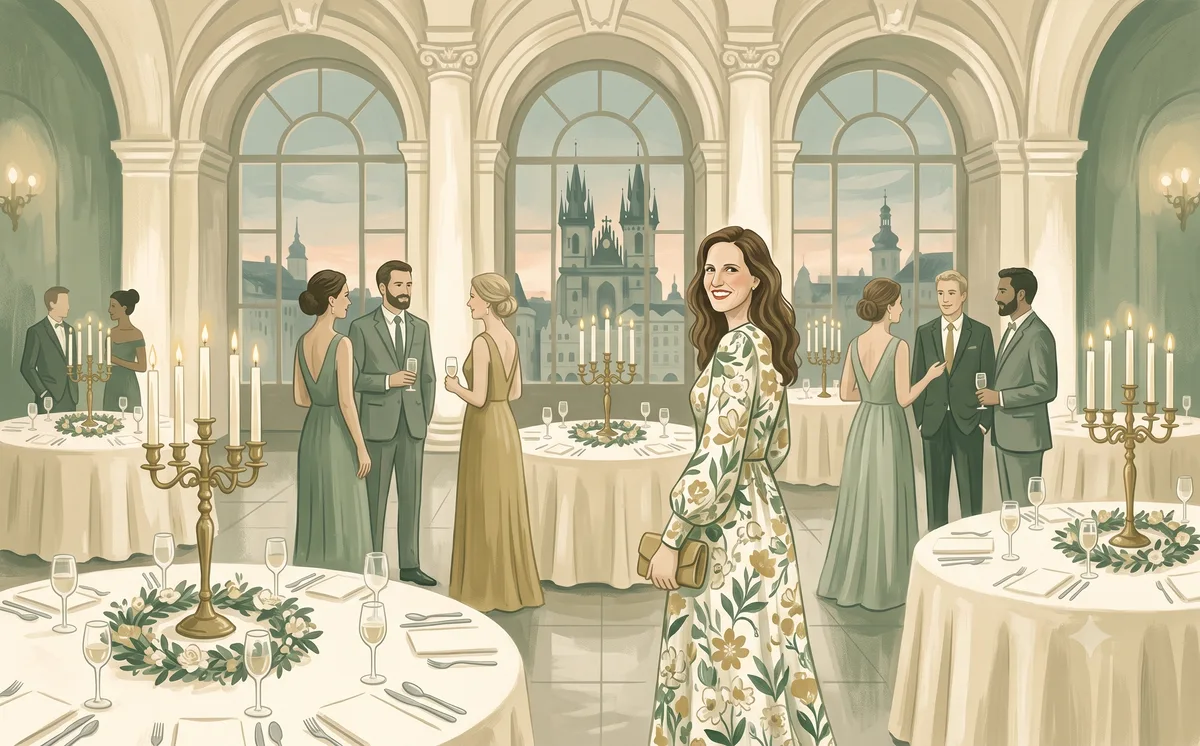 Ilustrace: Martina na galavečeru v pražském sále, kulaté stoly se svícny a zelení, hosté v hovoru