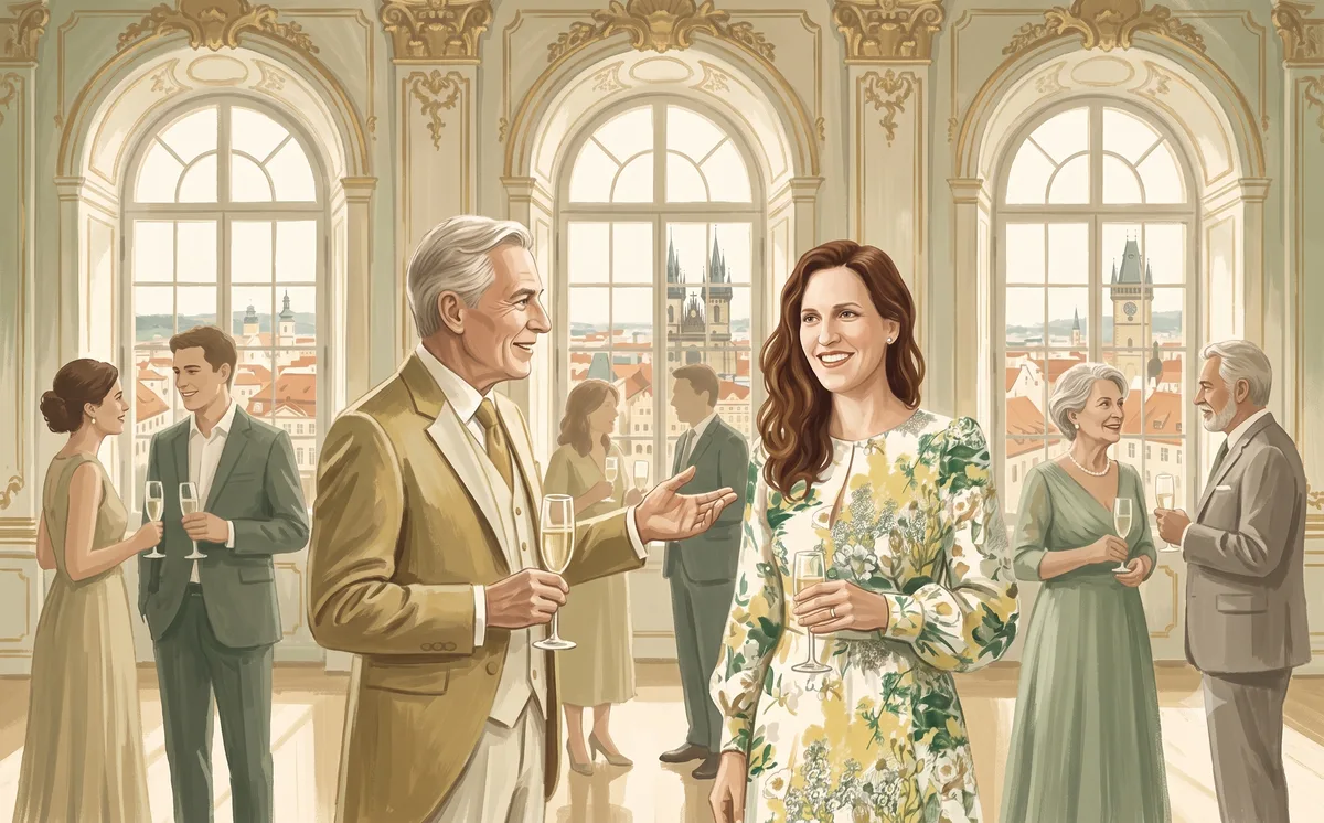 Ilustrace: Martina se sklenkou v ruce v barokním pražském sále, kolem ní hosté ve společenském oblečení